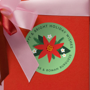 Classic Green Poinsettia Christmas Holiday Gift Round Sticker