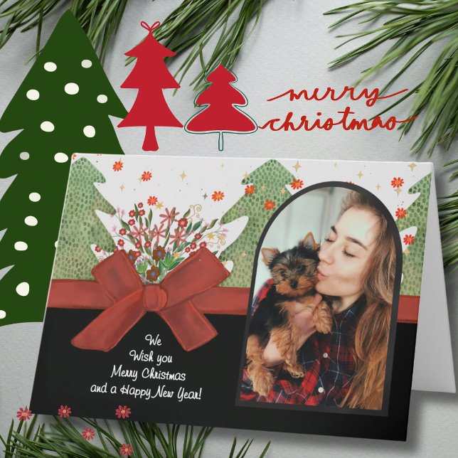 Classic Green & Red Festive Trees Photo Arch Holiday Card (Classic Green & Red Festive Trees Photo Arch Holiday Card)