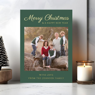 Classic Green Script Christmas Photo Gold