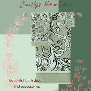 Classic Green Shades Cream Black Floral Pattern   Bath Towel Set