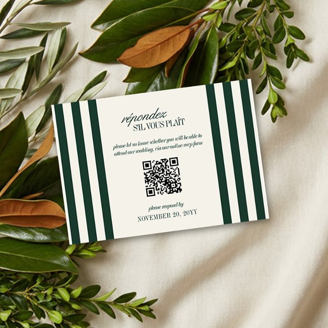 Classic Green Stripe QR Code Wedding RSVP Card (QR Code RSVP Card from the Green Stripe Old Money wedding collection by Darling & May)