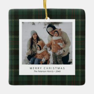 Classic Green Tartan Plaid Family 4 Photo Holiday Ceramic Ornament