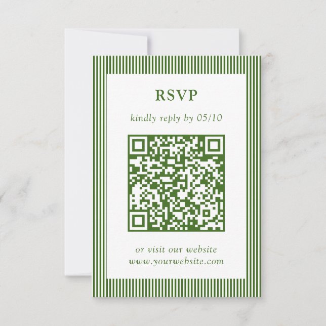 Classic Green Thin Striped Wedding RSVP QR Code (Front)