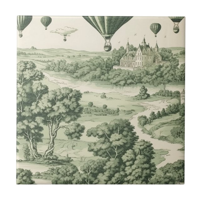 Classic Green Toile de Jouy French Countryside Tile (Front)