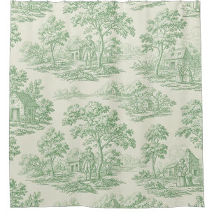 Classic Green Toile Farm Landscape Shower Curtain