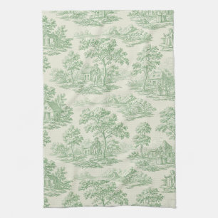 Classic Green Toile Farm Landscape Tea Towel