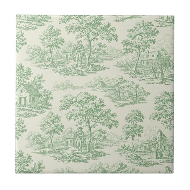 Classic Green Toile Farm Landscape Tile (Front)