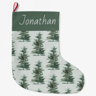 Classic Green Watercolor Pine Tree Large Christmas Stocking