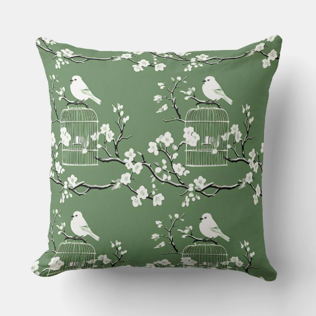 Classic Green & White Chinoiserie Birdcage Cushion (Front)