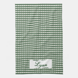 Classic Green & White Gingham Personalized Name Tea Towel