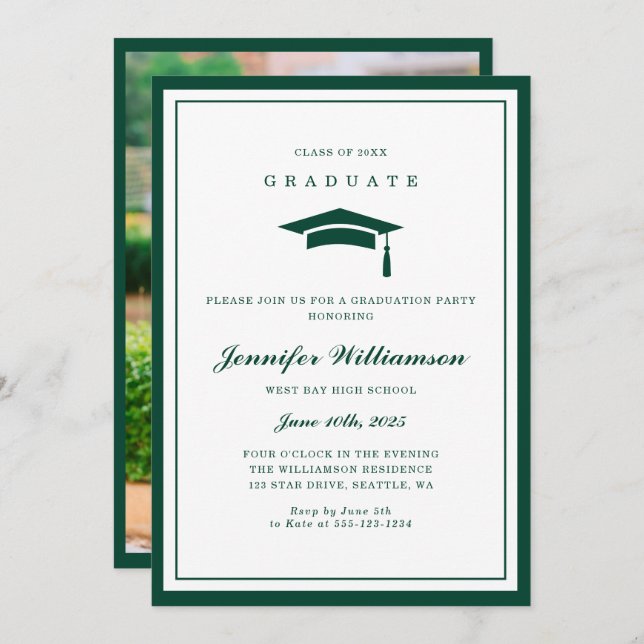 Classic Green & White Script Graduation Photo Invitation (Front/Back)