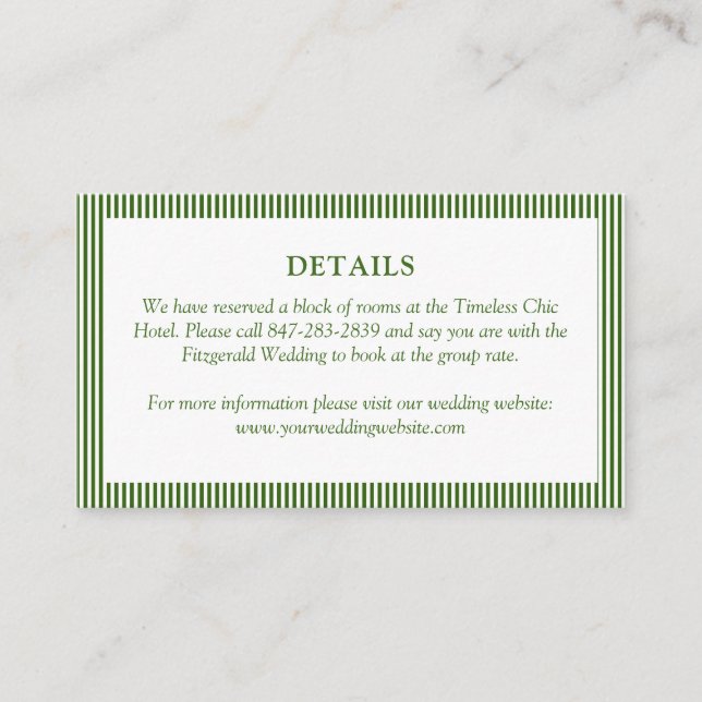 Classic Green & White Simple Thin Striped Wedding Enclosure Card (Front)