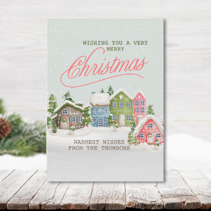 Classic Green White Snow Village Merry Christmas  Holiday Card
