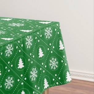Classic Green White Snowflakes Christmas Trees Tablecloth