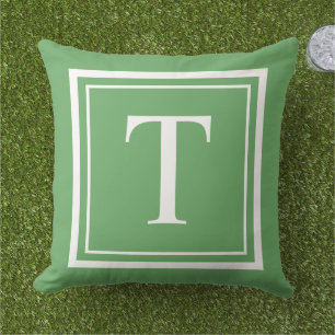 Classic Green White Square Frame Monogram Cushion