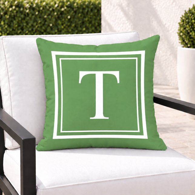 Classic Green White Square Frame Monogram Cushion (Creator Uploaded)