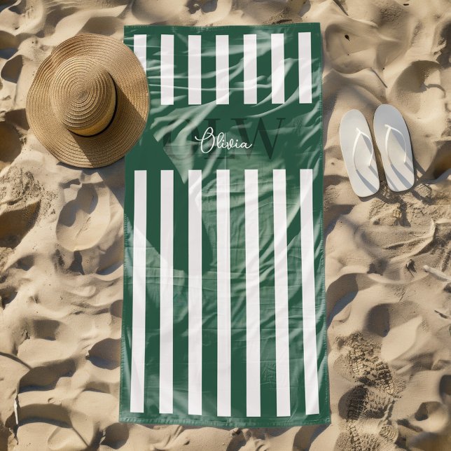 Classic Green & White Stripe Personalised Custom Beach Towel (Creator Uploaded)