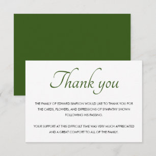 Classic Green White Thank You Funeral Memorial Card
