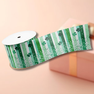 Classic Green White Vertical Stripes Shamrocks Satin Ribbon