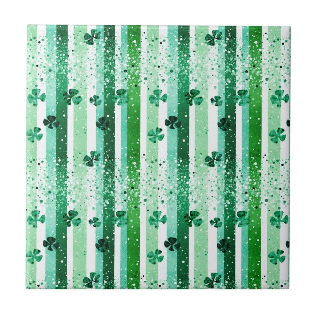 Classic Green White Vertical Stripes Shamrocks Tile (Front)