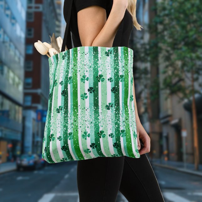 Classic Green White Vertical Stripes Shamrocks Tote Bag (Creator Uploaded)