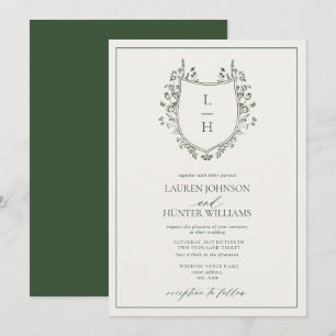 Classic Green Wildflower Monogram Crest Wedding Invitation