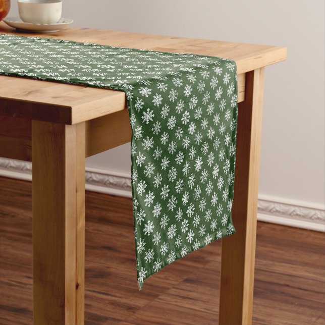 Classic Green with White Snowflakes  Long Table Runner (In Situ)