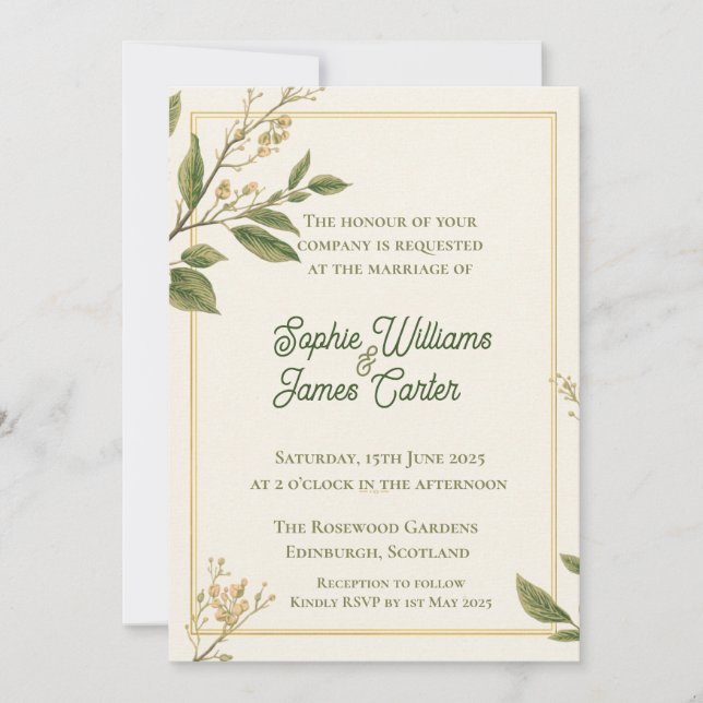 Classic Greenery Botanical Ivory Wedding Personali Invitation (Front)
