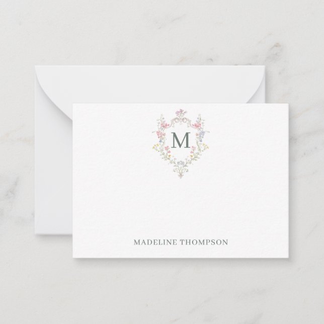 Classic Greenery Rococo Floral Crest Monogram Card (Front)