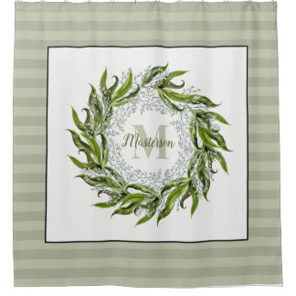 Classic Greenery Wreath Monogram Sage Stripes  Shower Curtain