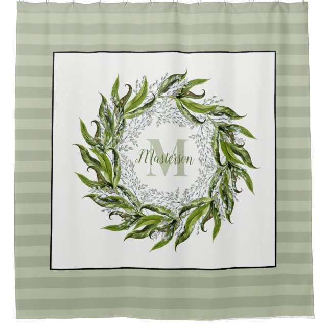 Classic Greenery Wreath Monogram Sage Stripes  Shower Curtain (Front)