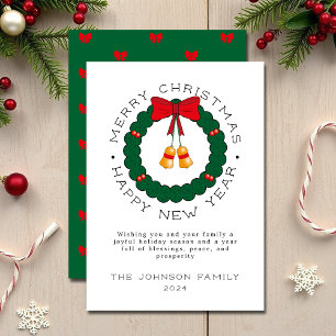Classic Greenery Wreath & Red Bow Merry Christmas Holiday Card