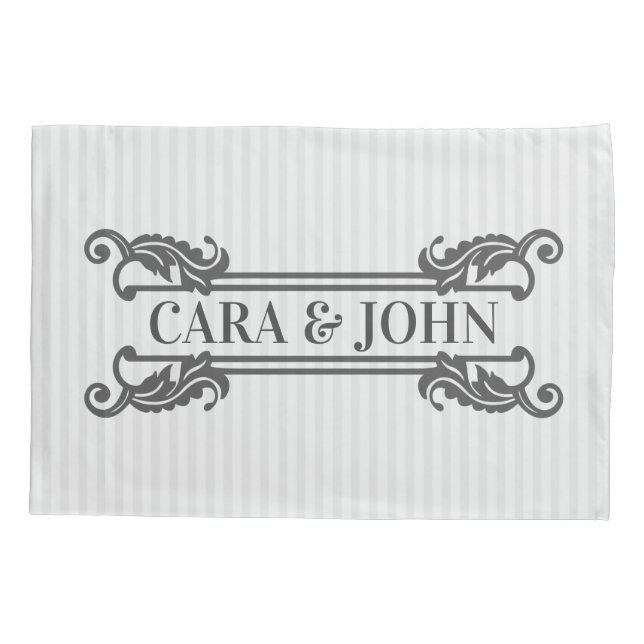 Classic Grey Acanthus Leaf Monogram Elegant Stripe Pillowcase (Back)