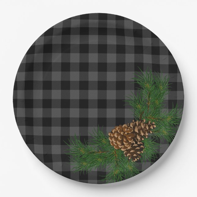 Classic grey and black plaid pine cone paper plate (Front)