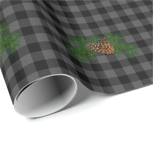 Classic grey and black plaid pine cone wrapping paper (Roll Corner)
