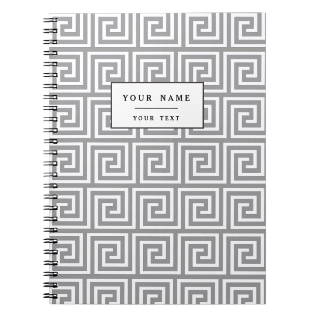 Classic Grey and White Greek Key Pattern Spiral Notebook (Front)