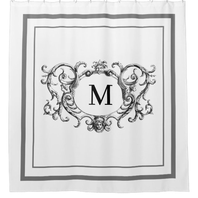 Classic grey Border Script Monogram  Shower Curtai Shower Curtain (Front)