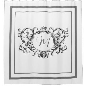 Classic grey Border Script Monogram Shower Curtain