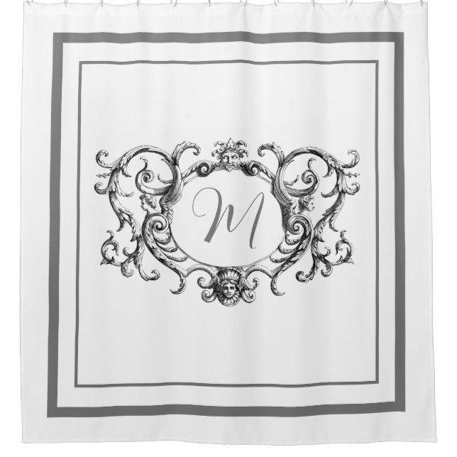 Classic grey Border Script Monogram  Shower Curtain (Front)