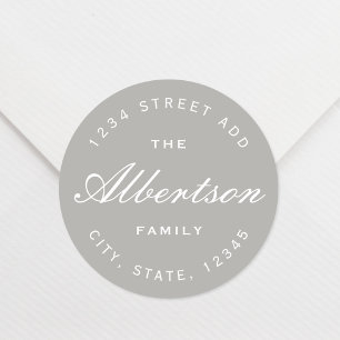 Classic Grey Calligraphy Family Name Address Round Sticker