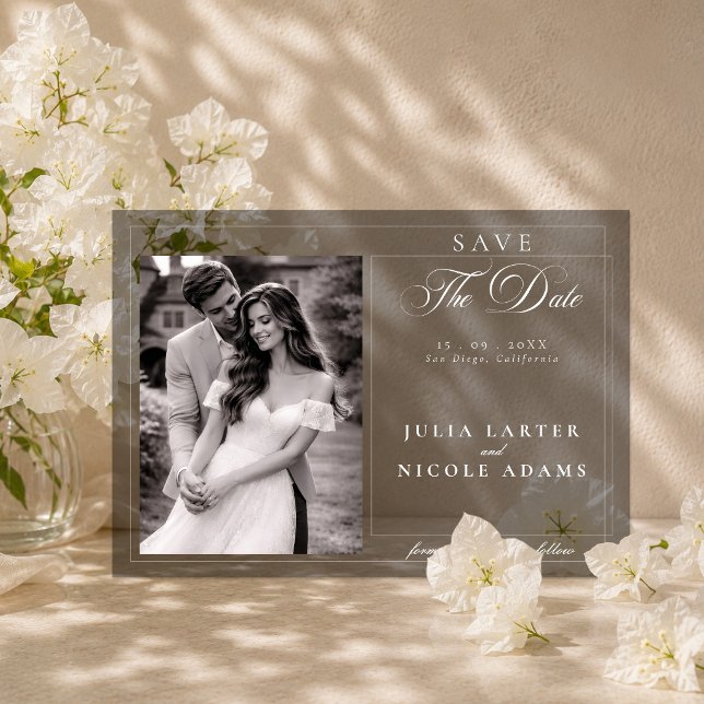 Classic Grey Calligraphy Photo Save The Date Acrylic Invitations (Creator Uploaded)