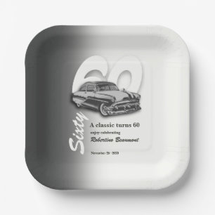 Classic Grey Car Turns 60th Birthday Paper Plate