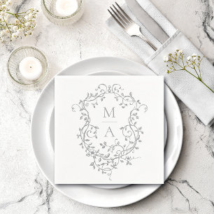 Classic Grey Floral Crest Monogram Wedding Napkin