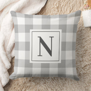Classic Grey Gingham Check Monogram Initial Cushion