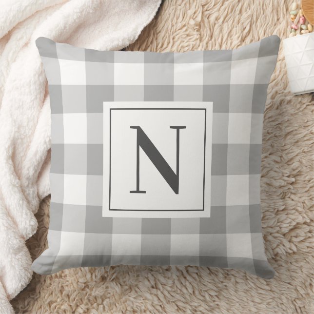 Classic Grey Gingham Check Monogram Initial Cushion (Blanket)