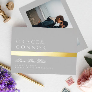 Classic Grey Golden Stripe Photo Save The Date