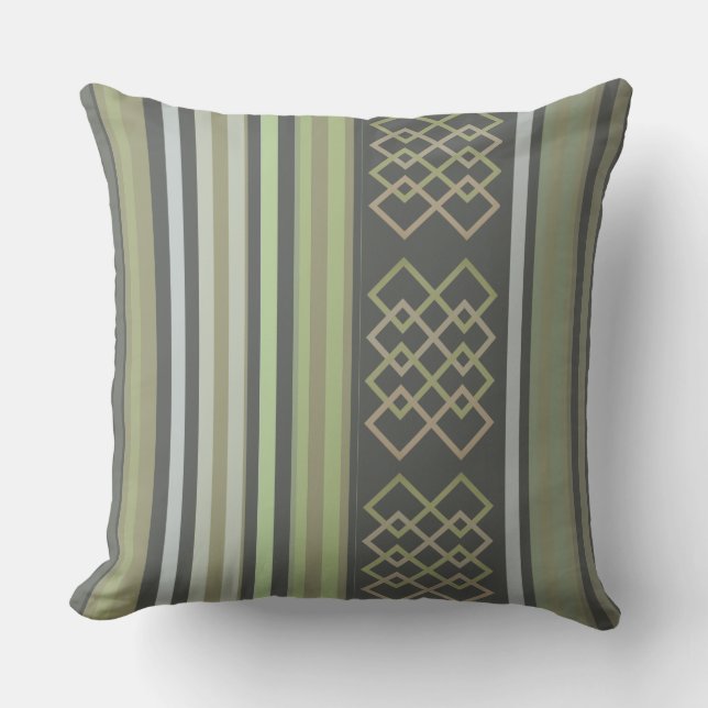 Classic Grey Green Stripe with Design Throw Pillow (Front)