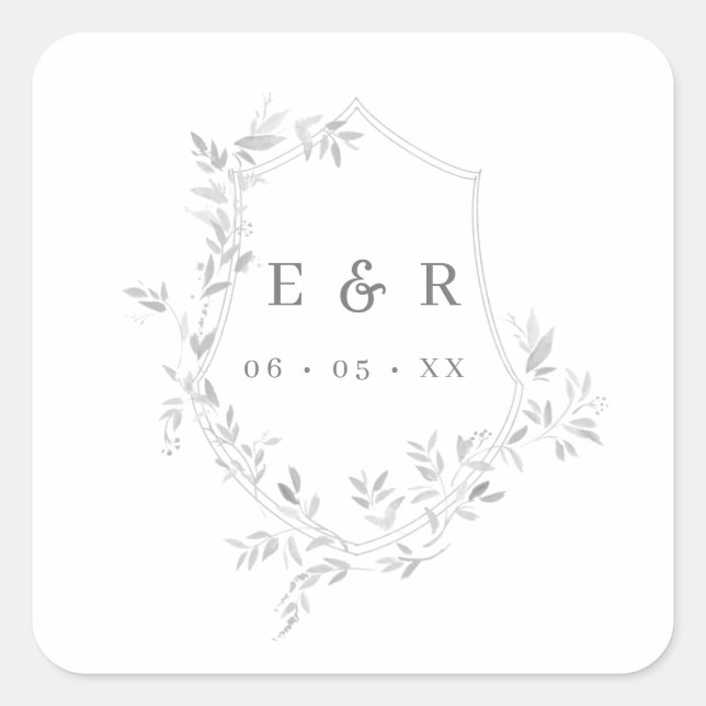 Classic Grey Leaves Crest Monogram Wedding Square Sticker (Front)