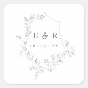 Classic Grey Leaves Crest Monogram Wedding Square Sticker