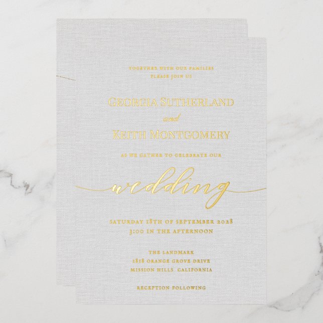 Classic Grey Linen Wedding Gold Foil Invitation (Front/Back)